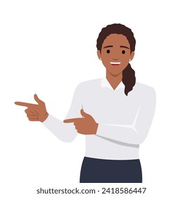 Woman hand pointing finger at left up corner with happy expression and advices use this copy space wisely. Flat vector illustration isolated on white background