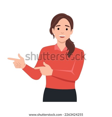 Woman hand pointing finger at left up corner with happy expression and advices use this copy space wisely. Flat vector illustration isolated on white background