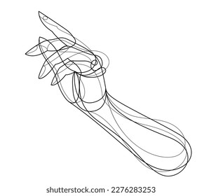 Woman hand pointing finger or pushing a button vector linear illustration isolated, female hand showing line art drawing.