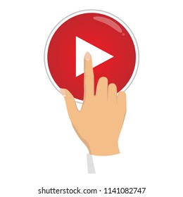 Woman hand with pointing finger, with red play button. Circle button with white rectangle. Hand illustration, showing finger.