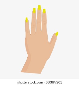 Woman hand with polished yellow nails. Isolated on white background. Flat vector stock illustration