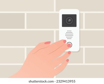 woman hand pressing the house intercom with camera- vector illustration