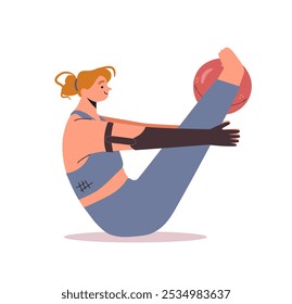 Woman with a hand prosthesis doing pilates excercise with a ball. isolated on white. Vector flat character