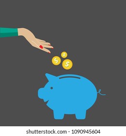 woman hand putting coin into a piggy bank. Saving and investing money concept. Flat style.