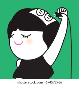 Woman Hand Putting Plug Into Her Head Socket Electricity Concept Card Character illustration