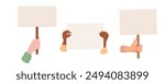 Woman hand raise blank strike sign set, human holds empowerment signboard, isolated hands show up support template placard, right activist parade demonstration flag, character holding protest banner,