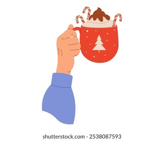 Woman hand raised holding hot drink. Vector illustration for cozy seasonal designs, lifestyle visuals and uplifting content