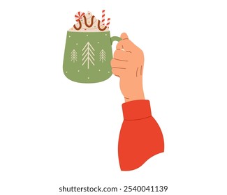 Woman hand raised holding hot drink. Vector illustration for cozy seasonal designs, lifestyle visuals and uplifting content