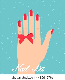 Woman hand with red fingernails. Gift certificate for a nail salon