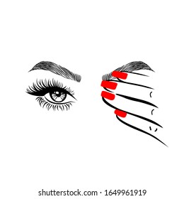 Woman hand with red manicure nails closing one eye, eyelashes mascara, perfect shape brows, logo beauty salon, hand drawn style, vector illustration.