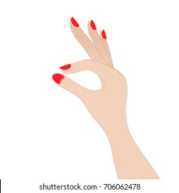 Woman hand with red nail polish picking up something. EPS10 vector illustration for template, postcard, banner, web, infographics, app. Woman hand isolated on white background.