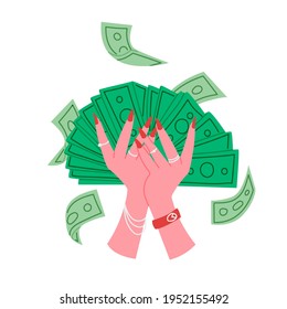 Woman hand with red nails holding wad of money flat cartoon illustration. Rich and successful businesswoman, fashion banner design. Shopping background