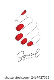 Woman hand with red oval shape nails drawing in linear style on beige background