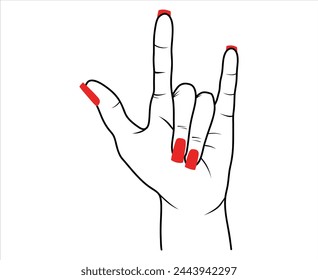 Woman hand with red polish in rock n roll sign, hand drawn vector isolated illustration