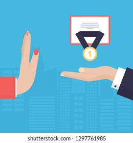 Woman Hand Refusing The Offered Gold Medal for First Place Vector Illustration. Flat Design Style.  Rejection Gesture. Achievement, Victory, Sport Concept. 