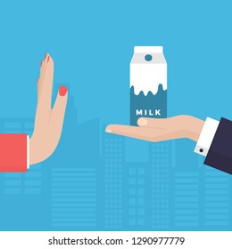 Woman Hand Refusing The Offered Milk Paper Box Vector Illustration. Flat Design Style. Lactose Free. Food Allergy. Milk Allergic Woman