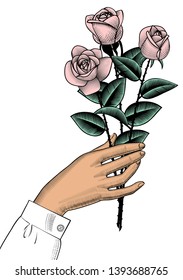 Woman hand with roses. Vintage engraving stylized drawing. Vector illustration