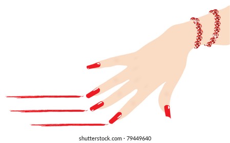 woman hand with ruby bracelet scratching red lines, vector