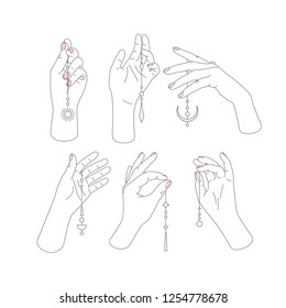 Woman hand set holding minimalist jewelry. Shopping. Handmade jewelry shop. Feminine illustration. Vector illustration