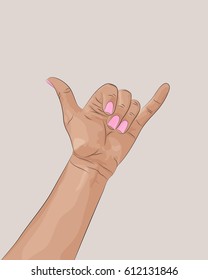 Woman hand shoving shaka gesture. Vector illustration