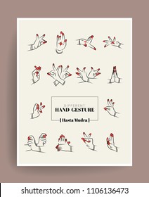 Woman hand showing different hand gestures. Set of Hasta mudra vector artwork.