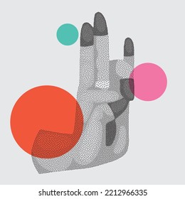 Woman hand showing different hand gestures. Set of Hasta mudra made from dots. vector illustration.