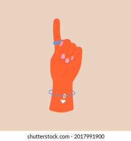 Woman hand showing one finger. Female hand counting one, hand with one finger raised, abstract flat vector illustration