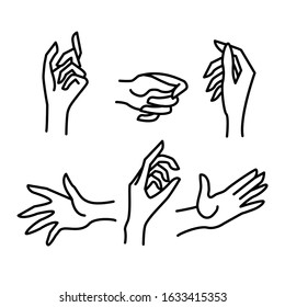 Woman Hand Sign Black Thin Line Icon Set Different Gesture and Movement. Vector illustration of Icons