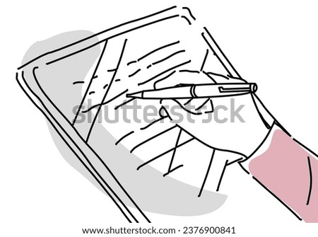 woman hand signing electronically on tablet hand drawing illustration