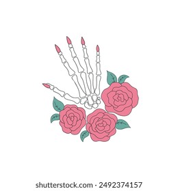 Woman hand skeleton with rose flower vector clip-art isolated on white. Day of the Dead illustration