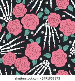 Woman hand skeleton vector seamless pattern. Day of the dead background