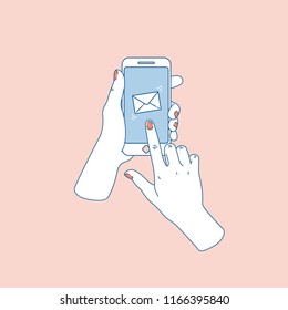 Woman hand with smartphone. New message. Social media notification. Vector illustration 