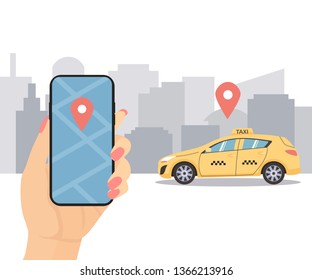 Woman hand with smartphone, taxi application, city silhouette and yellow car taxi. Flat vector illustration.