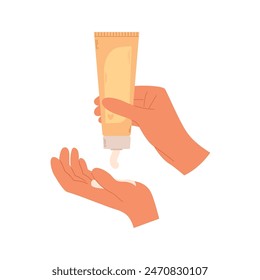 Woman hand squeezing cream from a cosmetics tube to a palm. Skincare daily routine