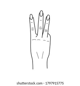 Woman hand with three fingers raised up. Sketch. Vector illustration.