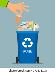 Woman hand throws garbage into a paper container, vector illustration