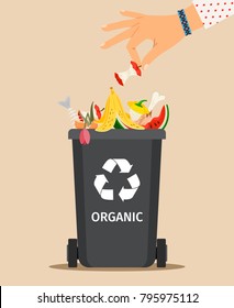 Woman hand throws garbage into a organic container, vector illustration