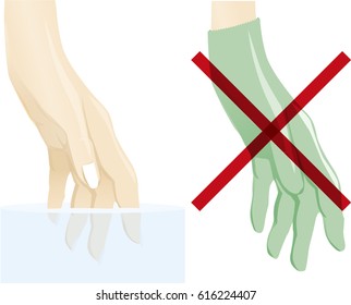 woman hand touching water and hand with a rubber glove