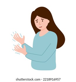 Woman with hand tremor concept vector illustration. Shivering hands from fear or cold in flat design on white background.