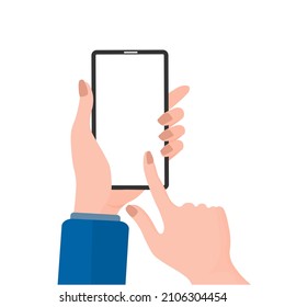 Woman hand using a smartphone With Blank Screens Over white Background. Vector Illustration