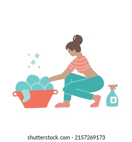 Woman Hand Washing Her Clothes And Doing Laundry Squatting. Home People Activity. Vector Flat Hand Drawn Illustration.