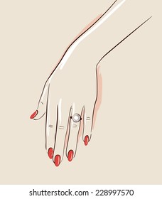 Woman hand wearing a wedding ring drawing. Illustration eps 10 svg