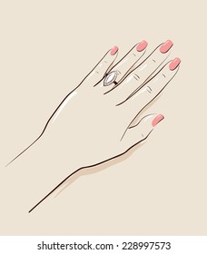 Woman hand wearing a wedding ring drawing. Illustration eps 10