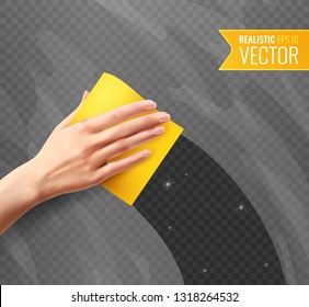 Woman hand wiping dirty glass with yellow napkin transparent background in realistic style vector illustration