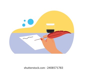 Woman hand writing a letter on paper with a feather pen and black ink, sending it through a post box. Character design. Vector flat illustration