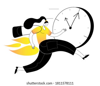 A woman with a handbag is running fast. Vector illustration in a flat style on the theme of time management and working time planning. 