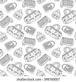 Woman handbag seamless pattern. Background for card template, sale advertise, website, textile, wrapping paper. Hand drawn doodle line pattern vector illustration.