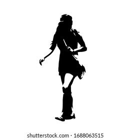 Woman with handbag walking, young lady profile. Ink drawing. Isolated vector silhouette