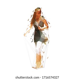 Woman with handbag walking, young lady profile. Low polygonal isolated vector illustration