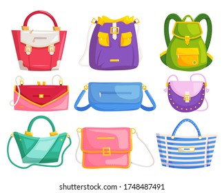 Woman handbags. Modern woman hand bags beauty set. Handbags, backpacks with handles and shoulder straps. Beautiful accessories glamour collection